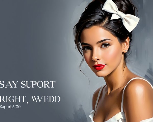 Young Woman with Bow and Red Lips on Gray Background