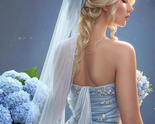 Elegant woman in light blue gown with floral details