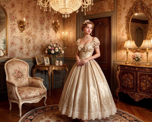Elegant Room with Vintage Gold Ball Gown and Décor