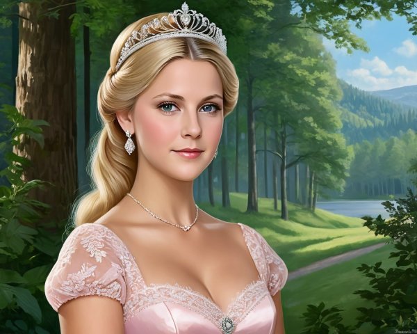 Young Woman in Elegant Gown in Forest Setting