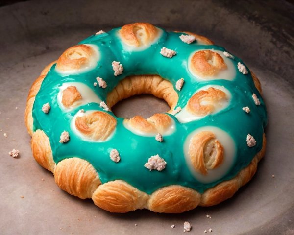 Glazed pastry with turquoise icing and cream swirls