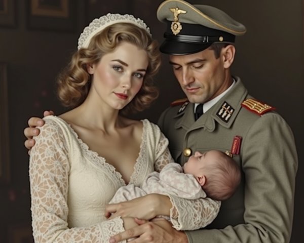 Military Man with Baby and Woman in Lace Dress