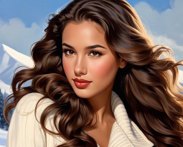 Young woman in cozy sweater against snowy mountains