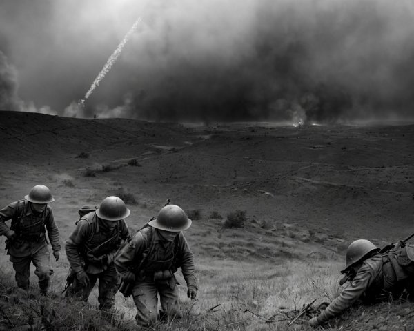 Soldiers in Helmets Amidst War-Torn Landscape