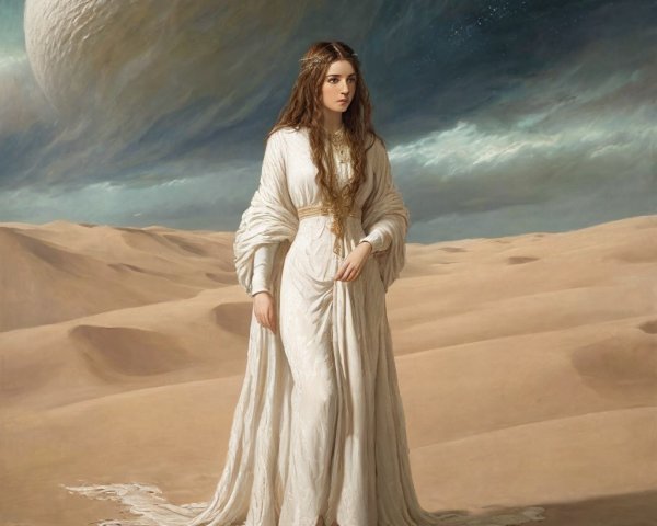Solitary figure in white robes in a desert landscape