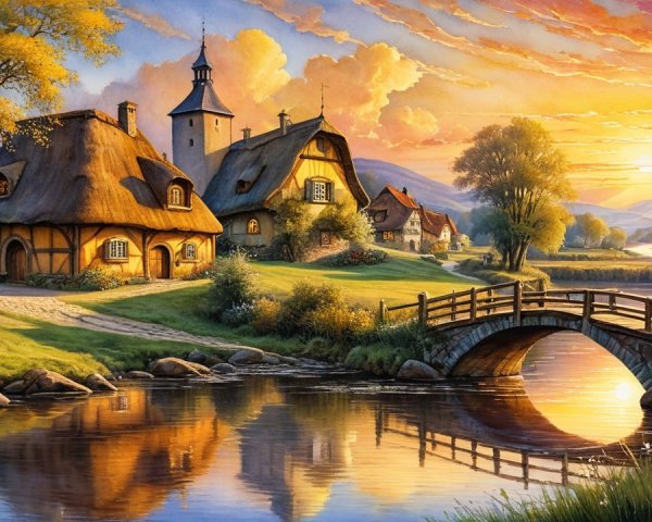 Serene Countryside Scene with Cottages at Sunset