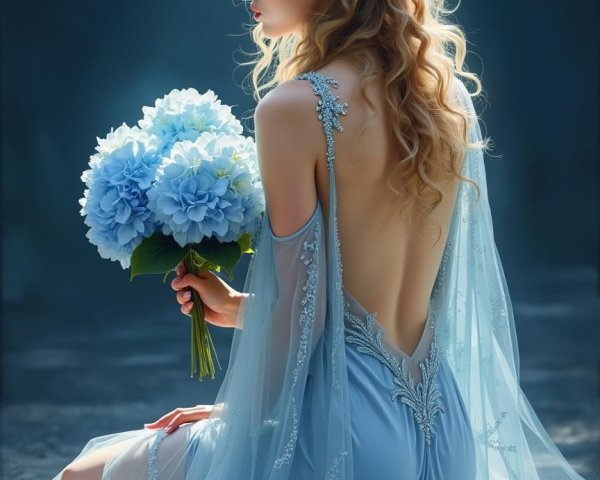 Woman in blue gown with hydrangeas and soft light