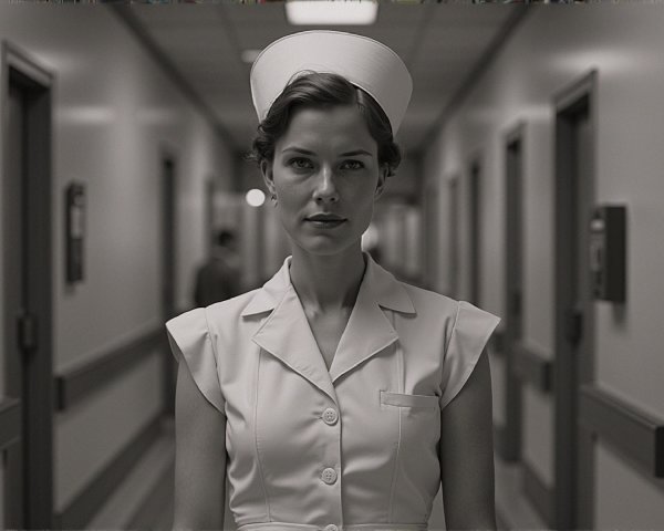 Vintage Black-and-White Photo of a Nurse in Uniform