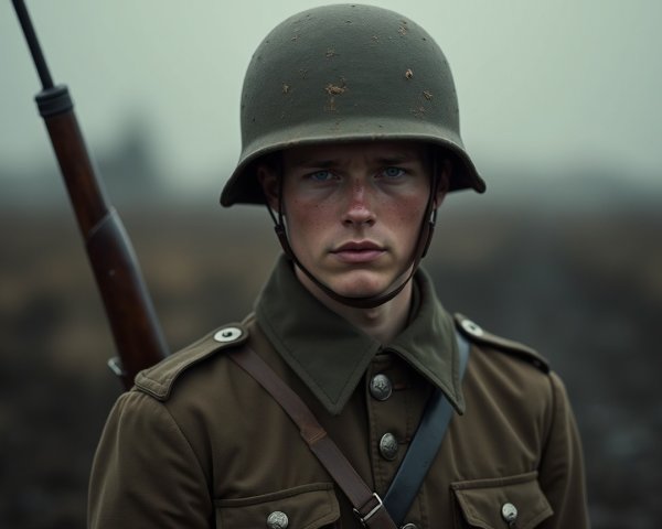 Young soldier in vintage uniform in foggy landscape