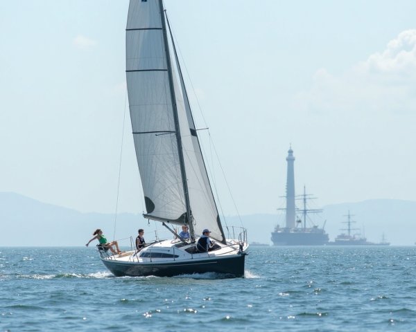Sailboat and Tall Ship on Tranquil Coastal Waters