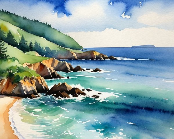 Coastal Scene with Blue Waters and Rocky Shoreline