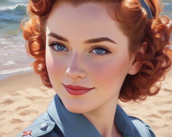 Young woman with red hair by the beach in uniform