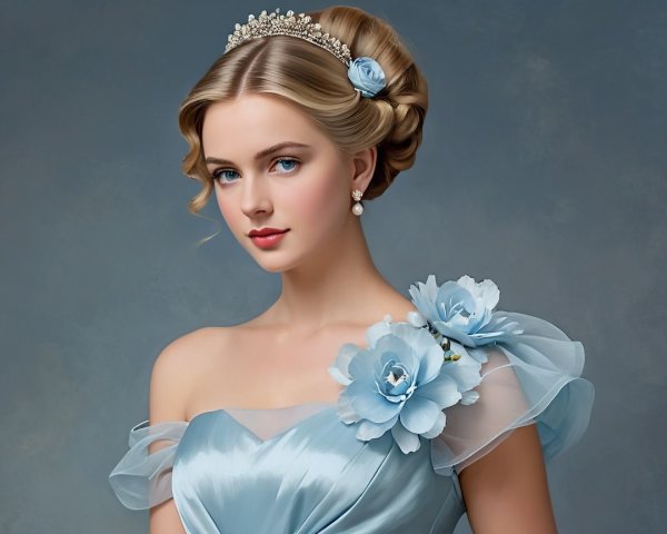Young woman in elegant light blue gown with tiara
