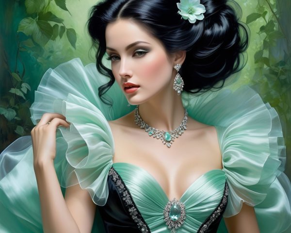 Elegant woman in teal gown with floral accents