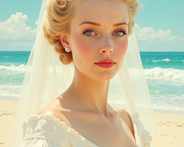 Bride in Vintage Dress on Pristine Beach with Ocean View