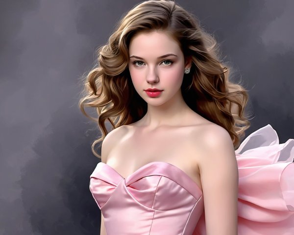 Young woman in strapless pink gown with voluminous hair
