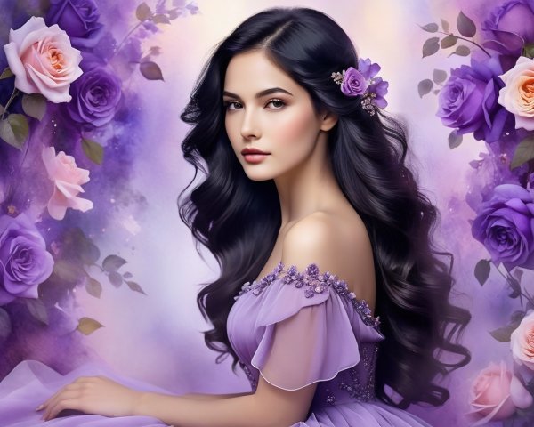 Portrait of a Young Woman in Lavender Gown with Flowers