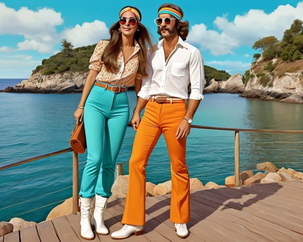 Stylish Couple on Seaside Deck with Vibrant Attire