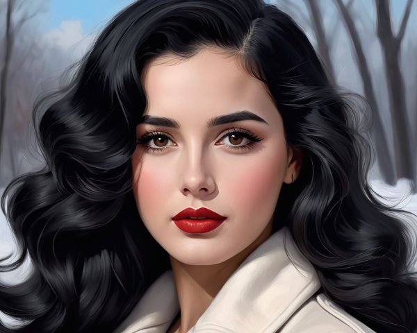 Young Woman in Cream Coat Against Snowy Landscape