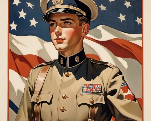 Young Soldier in Military Uniform with Medals and Flags