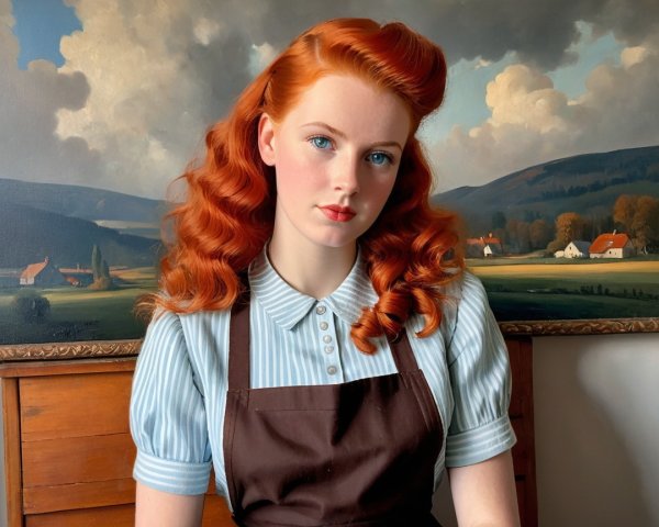 Young woman with red hair poses by landscape painting