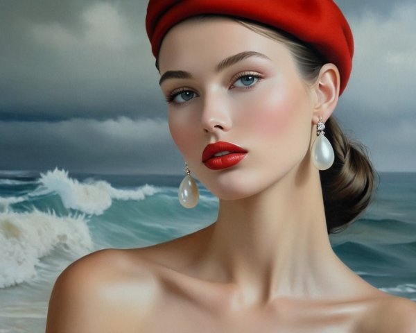 Young Woman in Red Beret with Ocean Background