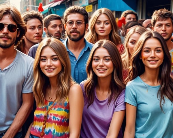 Group of Young Adults in Colorful Urban Outfits