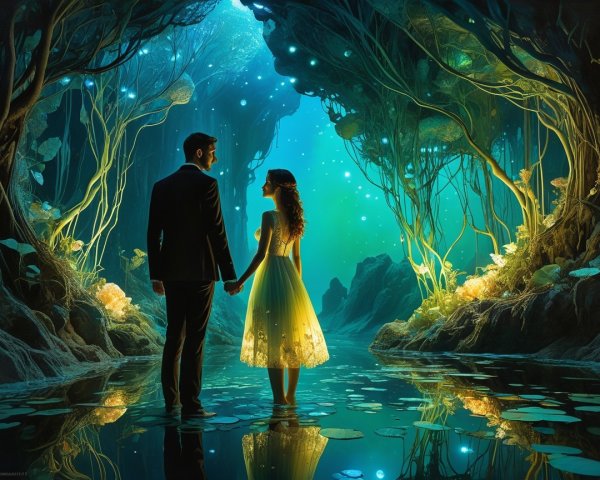 Couple at a Serene Pond in a Magical Setting