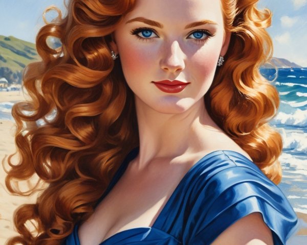 Woman with Red Curls in Blue Dress on Beach