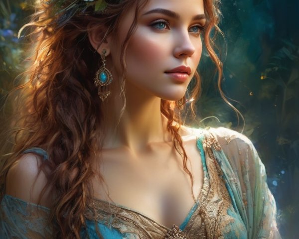 Young woman in blue gown with floral crown and gems