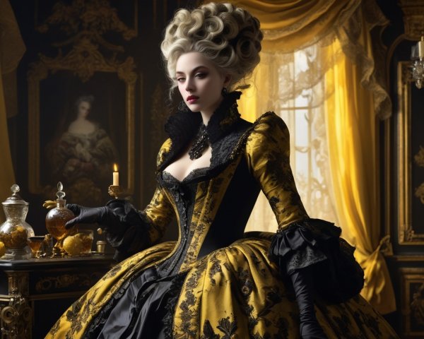Elegant figure in yellow gown with black lace details