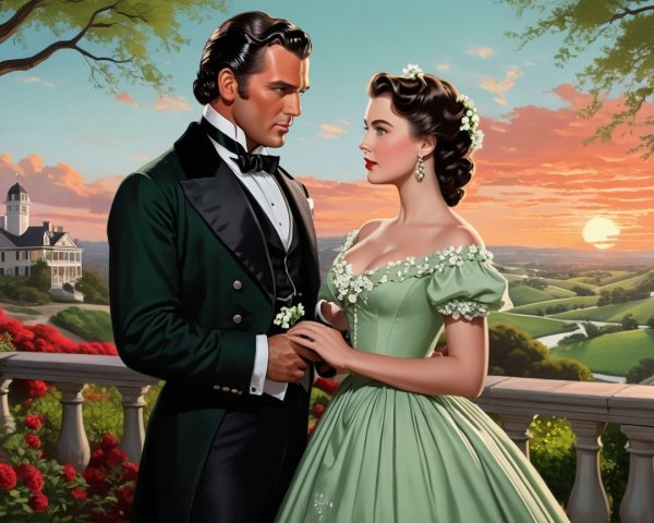 Romantic Couple in Elegant Attire at Sunset