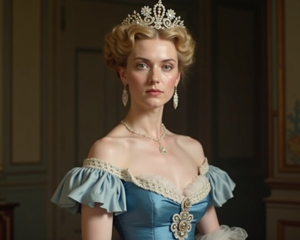 Regal Woman in Blue Gown with Elegant Background