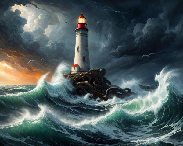 Dramatic Seascape with Lighthouse and Octopus