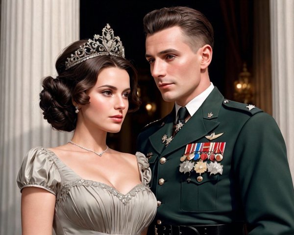 Regal Couple in Elegant Attire and Poised Expressions