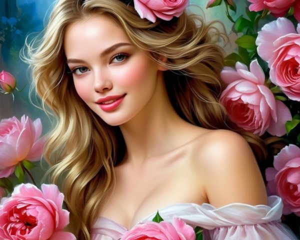 Woman with Blonde Hair Surrounded by Pink Roses