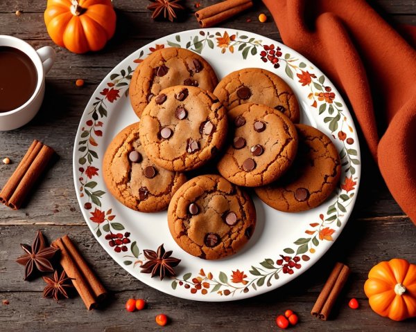 Decorative Plate with Autumn Cookies and Coffee