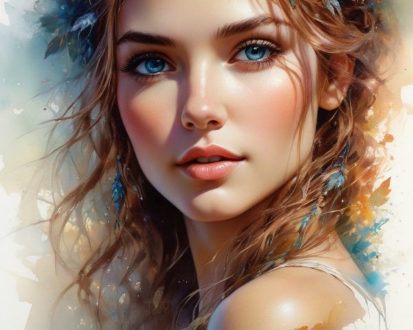 Portrait of a Young Woman with Floral Hair and Blue Eyes