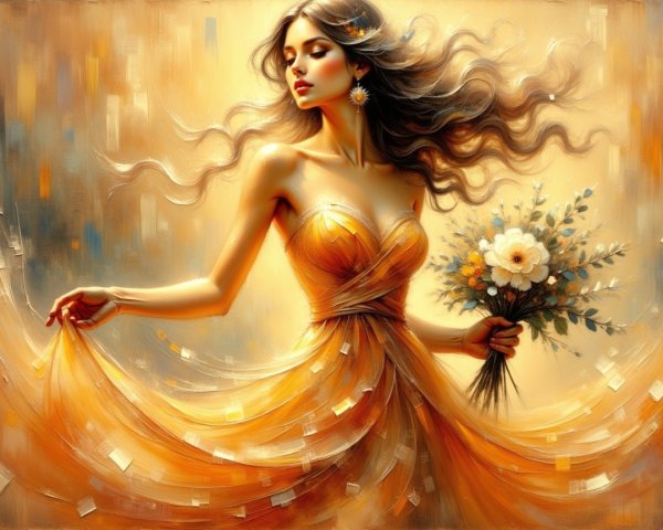 Elegant woman in orange dress with flowers in hand
