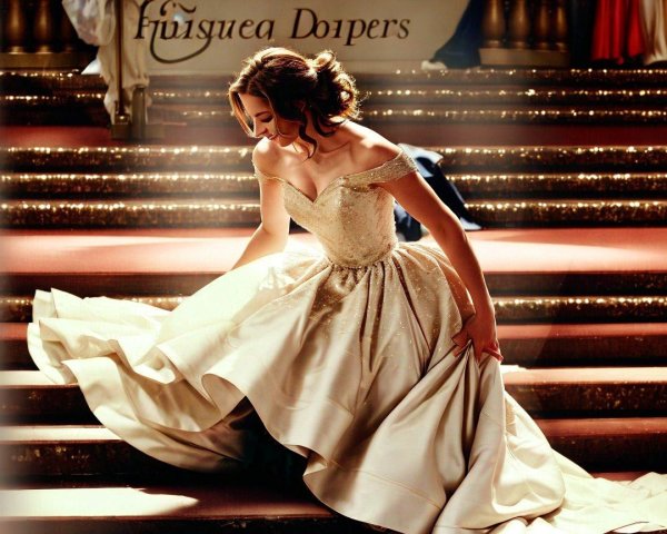 Young Woman in Off-the-Shoulder Gown on Grand Staircase