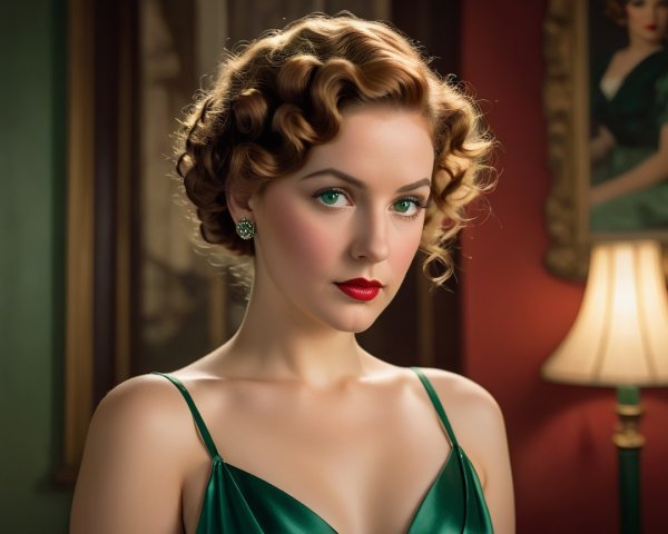 Vintage Glamour in Satin Green Gown and Curls