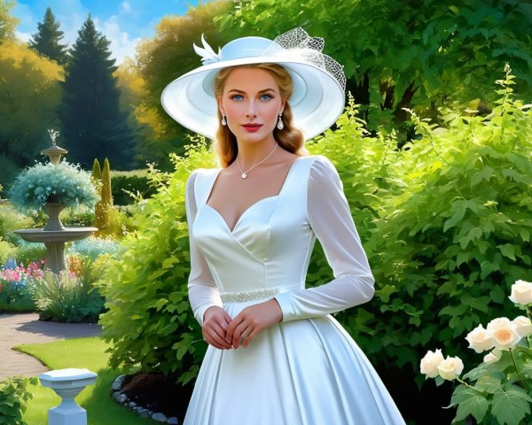 Elegant Woman in Wedding Gown in Serene Garden