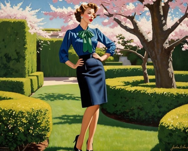 Stylish Woman in Cherry Blossom Garden Setting