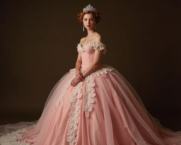 Young Woman in Elegant Off-the-Shoulder Pink Gown