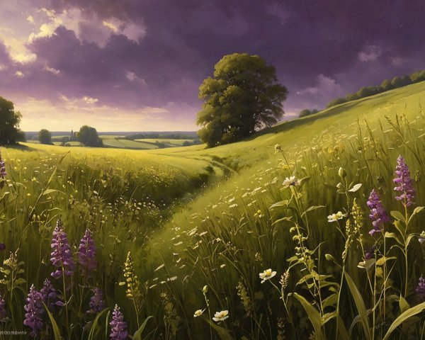 Serene Landscape with Rolling Hills and Wildflowers