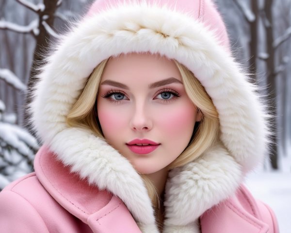 Young woman in pink coat in snowy forest setting