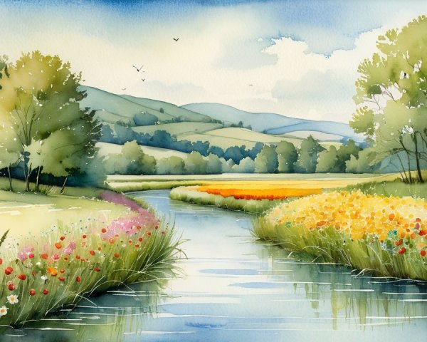 Serene Landscape with River and Vibrant Wildflowers