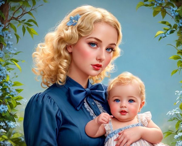 Young woman with baby in a floral, serene setting