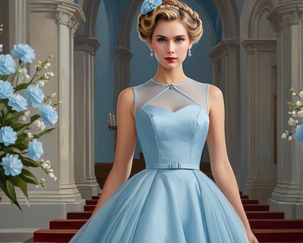 Elegant Woman in Pale Blue Gown with Floral Decor