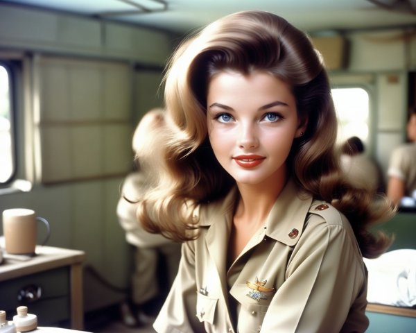 Young Woman in Military-Inspired Outfit with Styled Hair